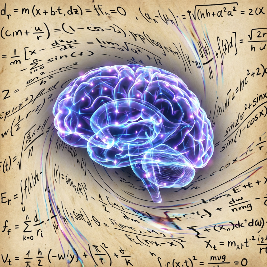 Glowing human brain centered within a swirl of handwritten mathematical formulas on aged parchment.